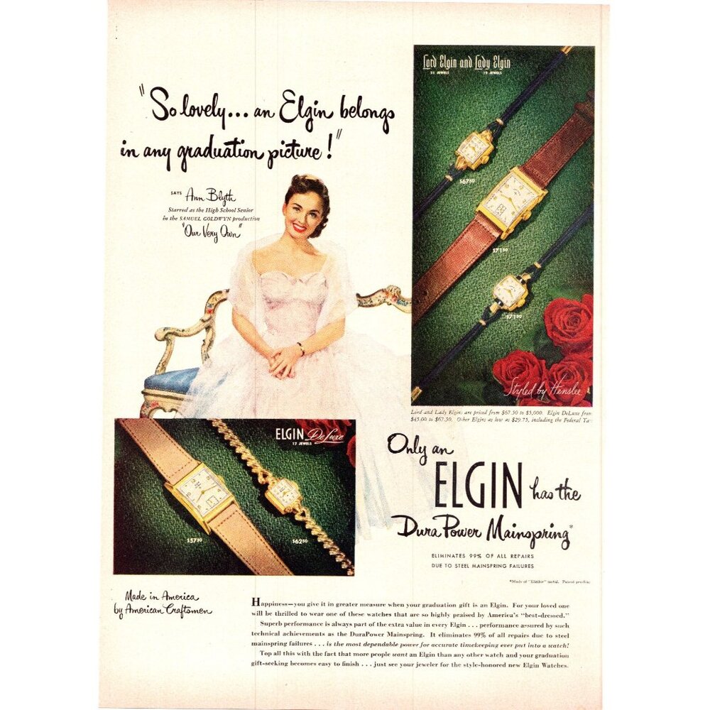 1950 Elgin Lord and Lady De Luxe Watchs Vintage Print Ad Ann Blyth 50s Wall Art